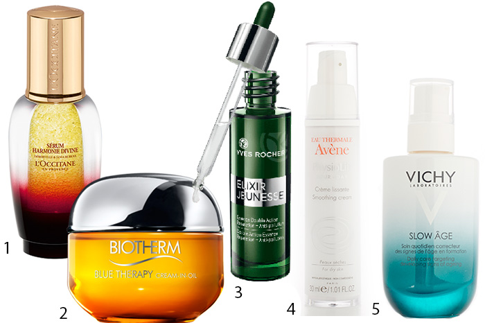 1. Сыворотка «Божественная гармония» (L’OCCITANE); 2. Крем-масло Blue Therapy Cream-In-Oil (BIOTHERM); 3. Эссенция двойного действия Elixir Jeunesse; 4. Новая гамма PhysioLift; 5. «Умный» крем-флюид Slow Age.
